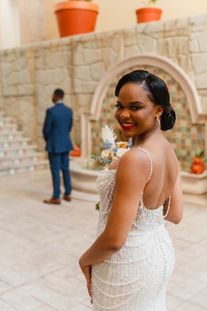 Bride walking to groom first look Hacienda Encantada Los Cabos wedding