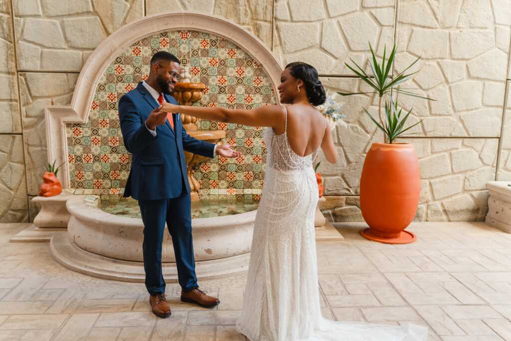 Bride and groom first look Hacienda Encantada Cabo wedding