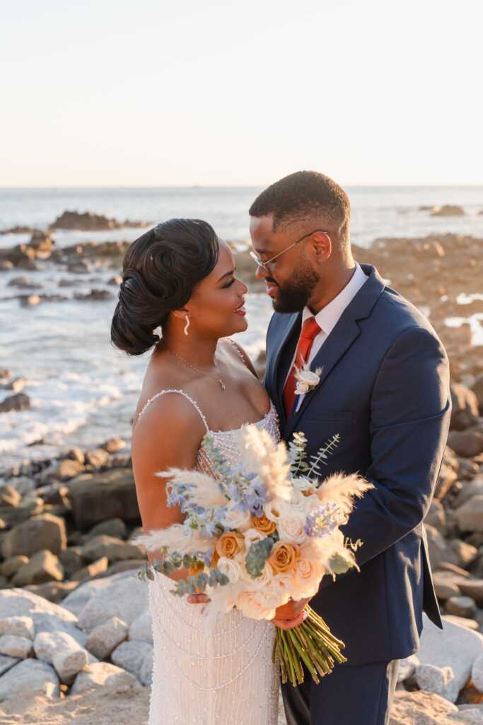 Bride and groom sunset photos Hacienda Encantada Cabo beach