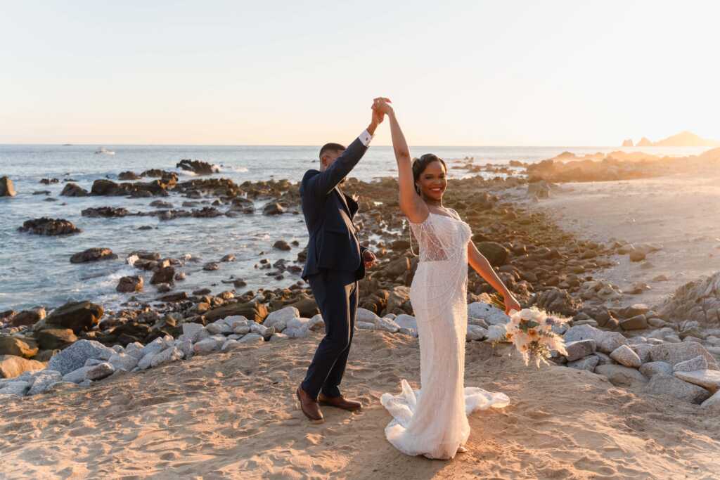 Beach sunset wedding portraits Hacienda Encantada Los Cabos Mexico