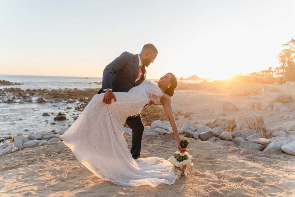 Bride and groom romantic sunset beach Hacienda Encantada Cabo wedding