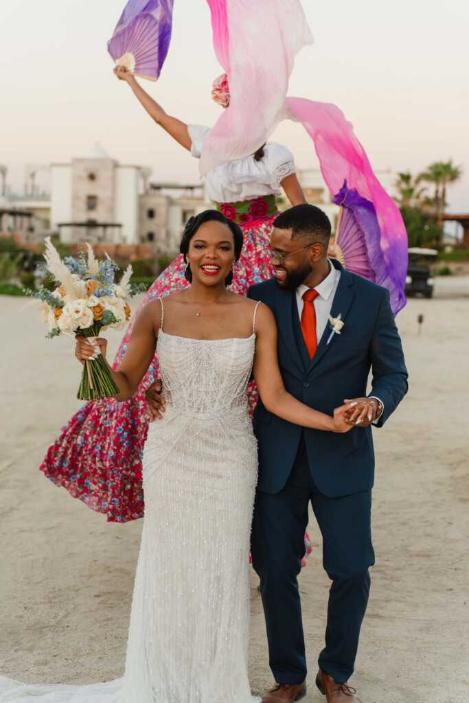 Cocktail hour with dancer Hacienda Encantada Los Cabos wedding