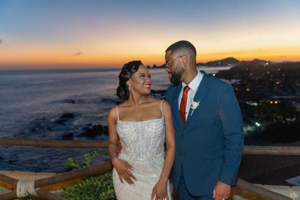 Bride and groom blue hour reception Hacienda Encantada Los Cabos wedding