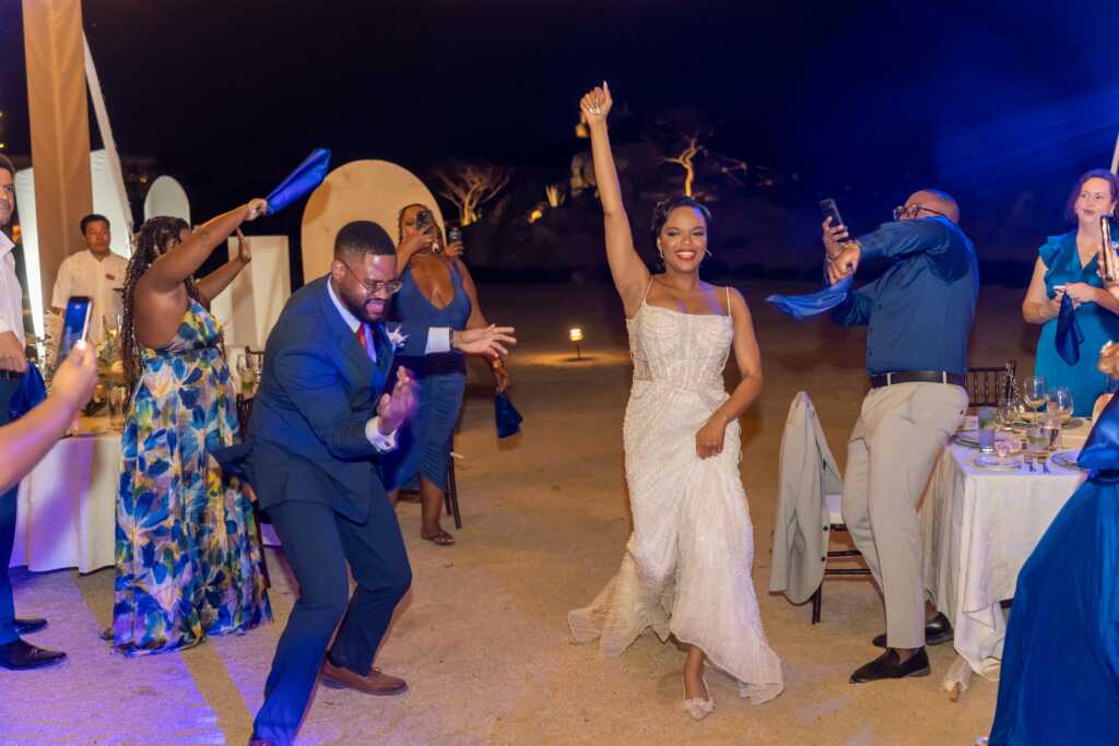 Bride and groom grand entrance reception Hacienda Encantada Los Cabos wedding
