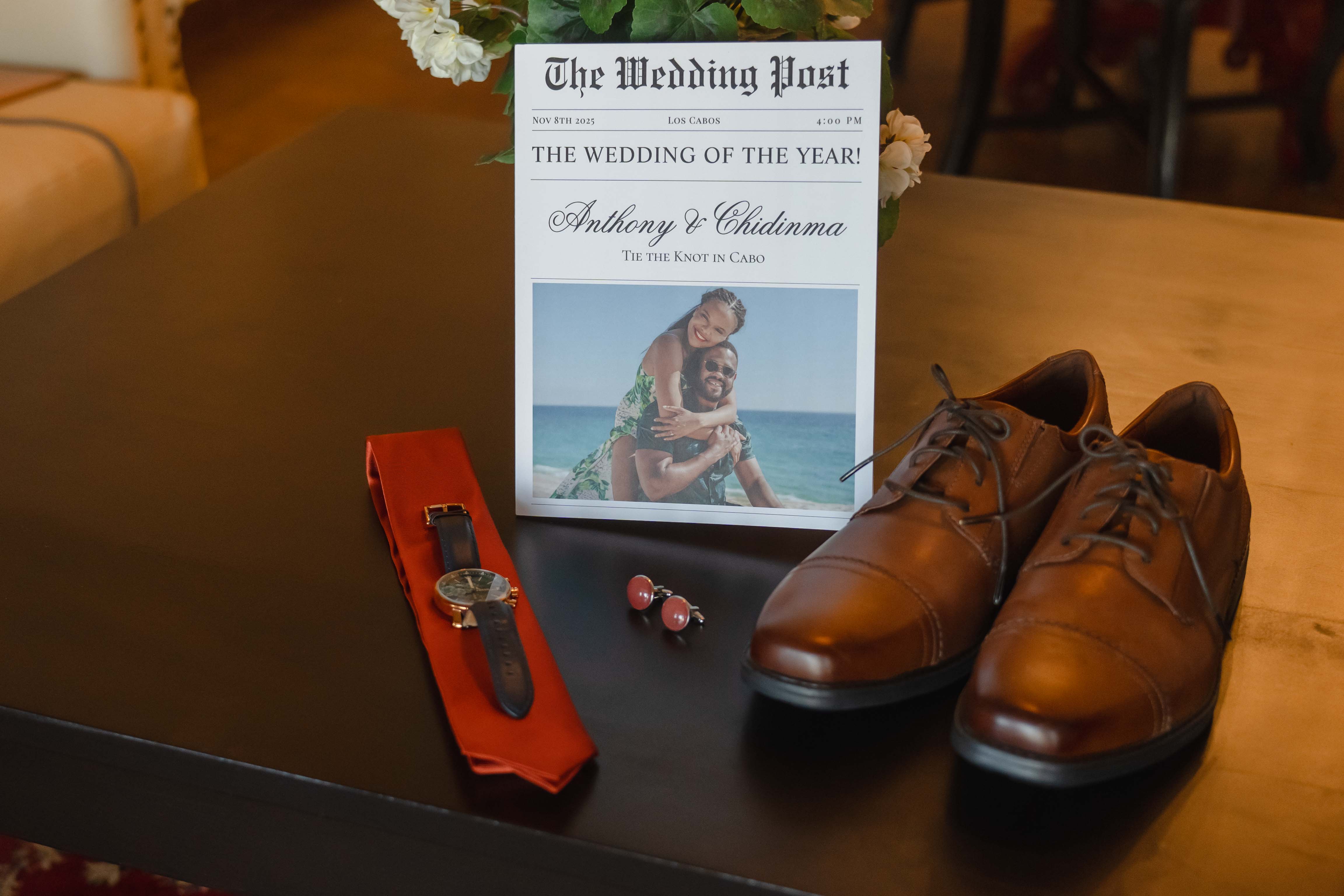 Wedding details flat lay shoes watch stationery Hacienda Encantada Cabo