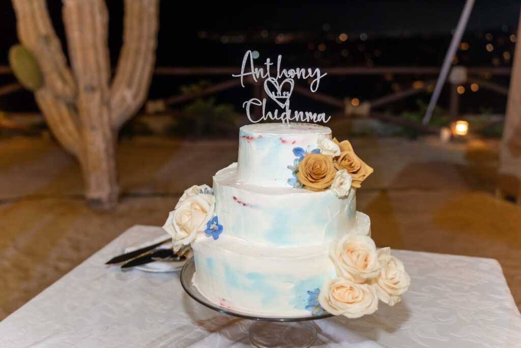 Elegant wedding cake before cutting Hacienda Encantada Cabo wedding