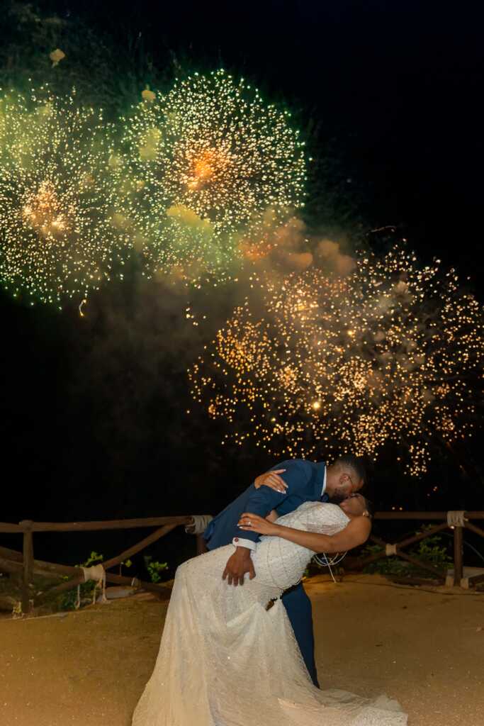 First dance with fireworks Hacienda Encantada Cabo wedding reception