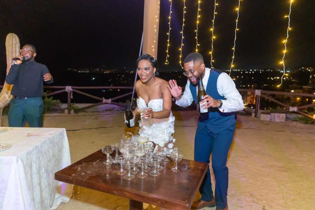 Champagne tower moment wedding reception Hacienda Encantada Los Cabos